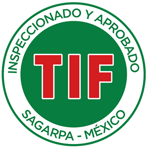 Sello rojo y verde con texto 'INSPECCIONADO Y APROBADO SAGARPA - MÉXICO' alrededor y letras grandes 'TIF' en el centro.