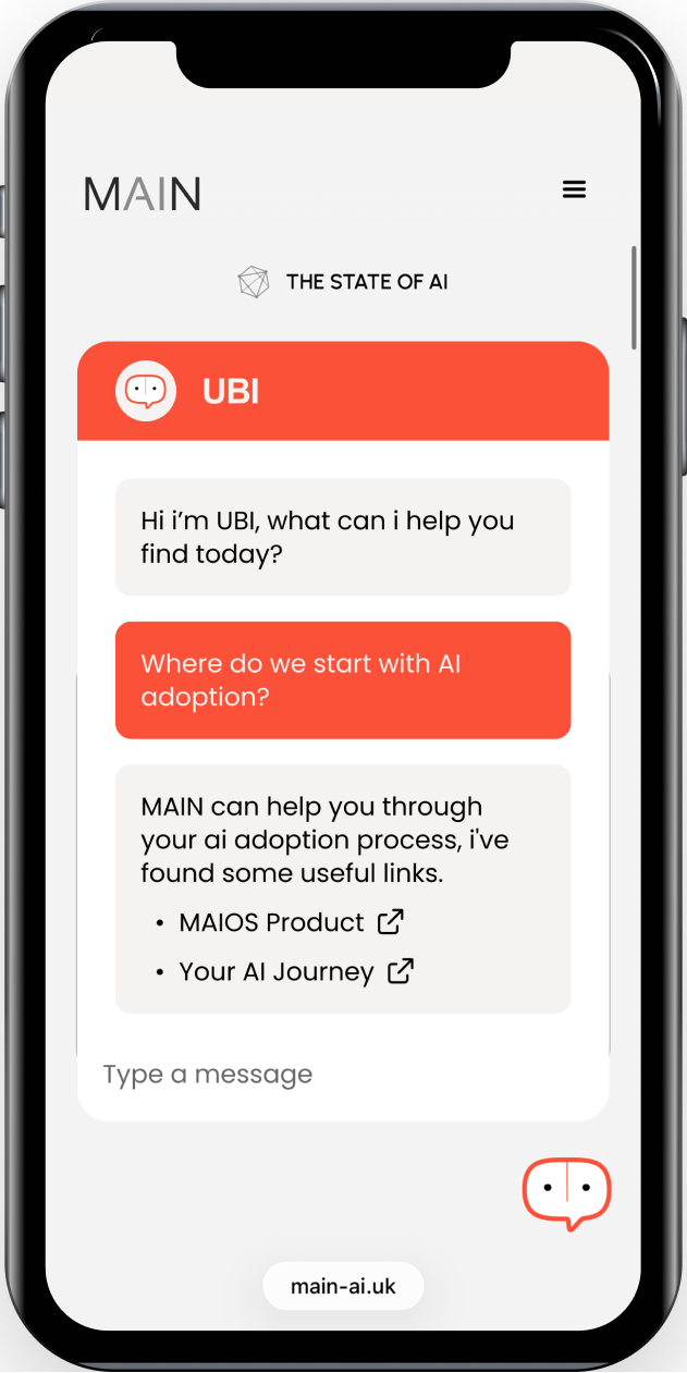 Screenshot of UBI running as a website Chatbot