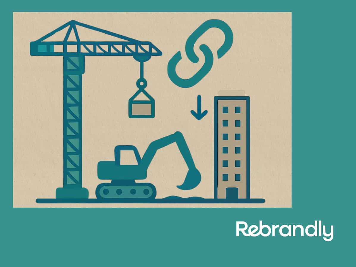 Illustration of a construction crane, excavator, and building alongside a chain link icon with a downward arrow, representing URL shortening services by Rebrandly