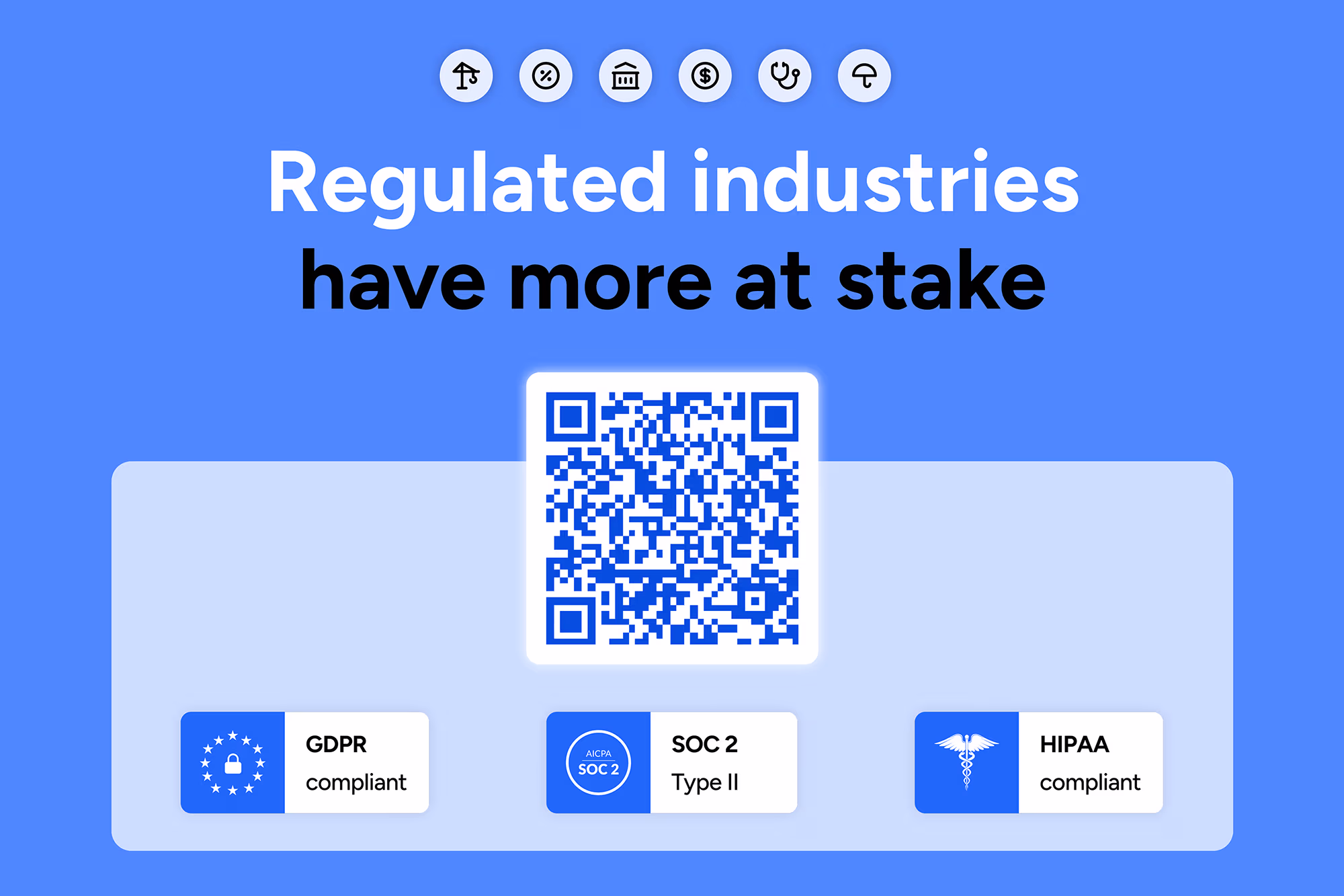 “Regulated industries have more at stake,” with a QR code and GDPR, SOC 2 Type II, and HIPAA compliance badges.