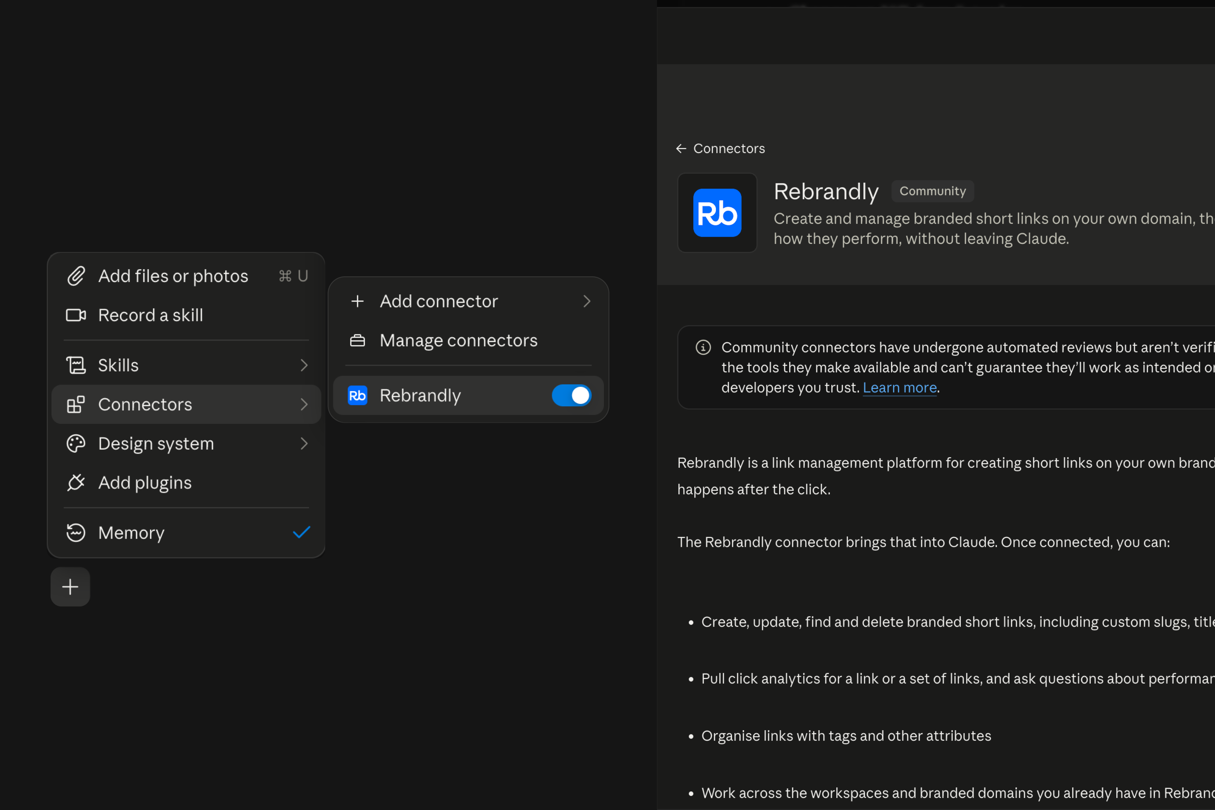 mockup of rebrandly connector in Claude