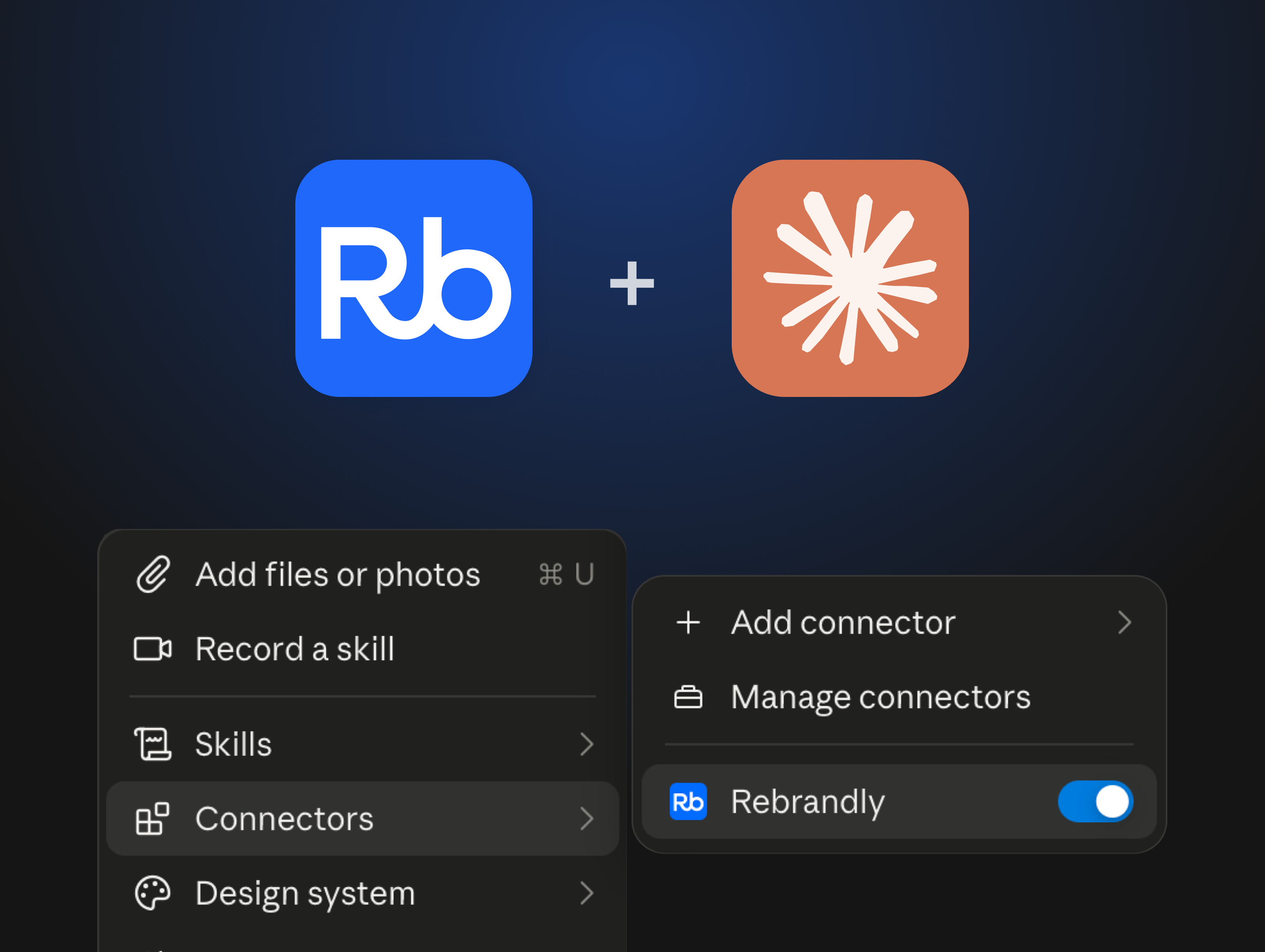 Rebrandly and Claude logos with the Claude menu showing Rebrandly connected as an active connector