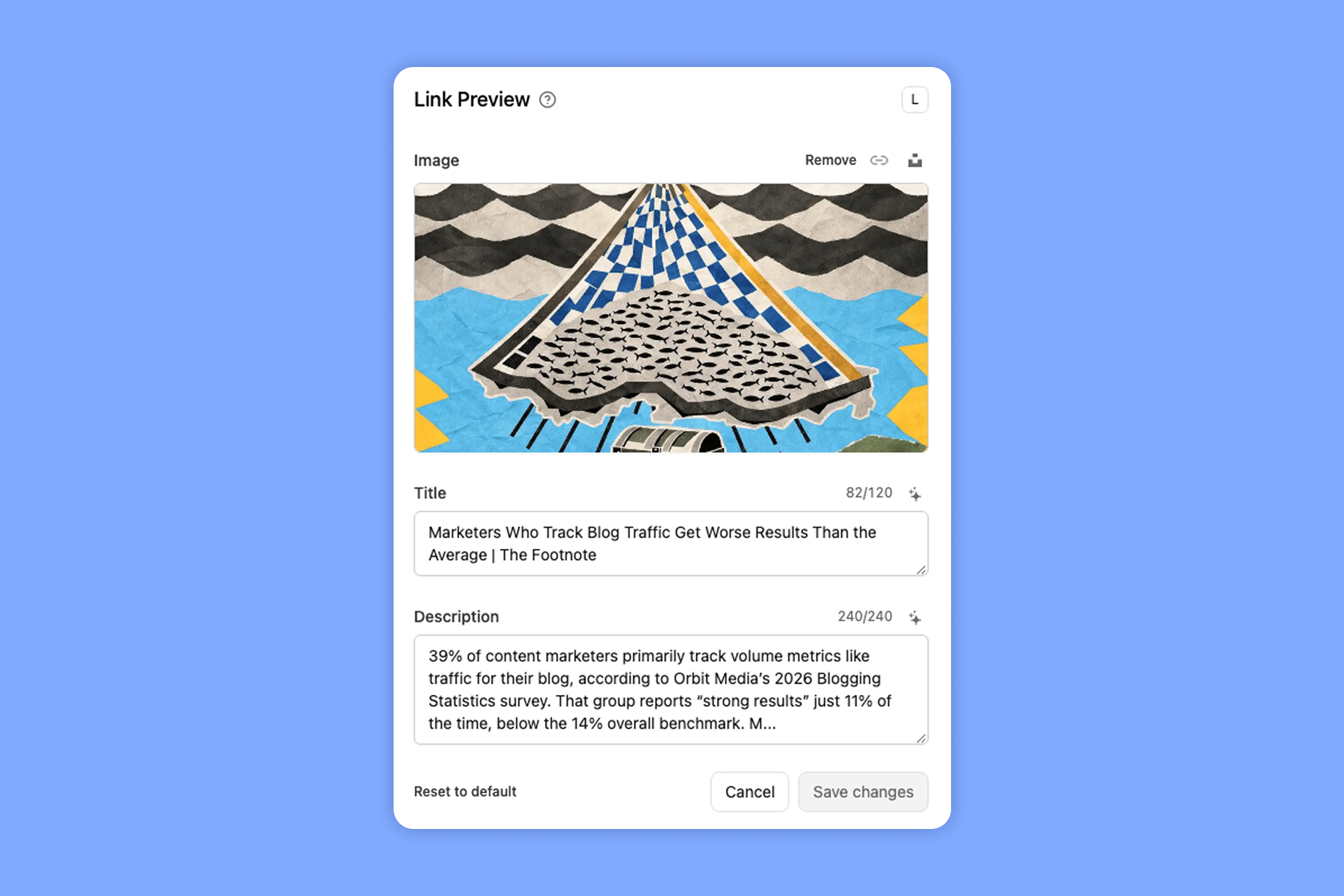 Dub's link preview editor with fields for the social image, title and description, plus a Reset to default option