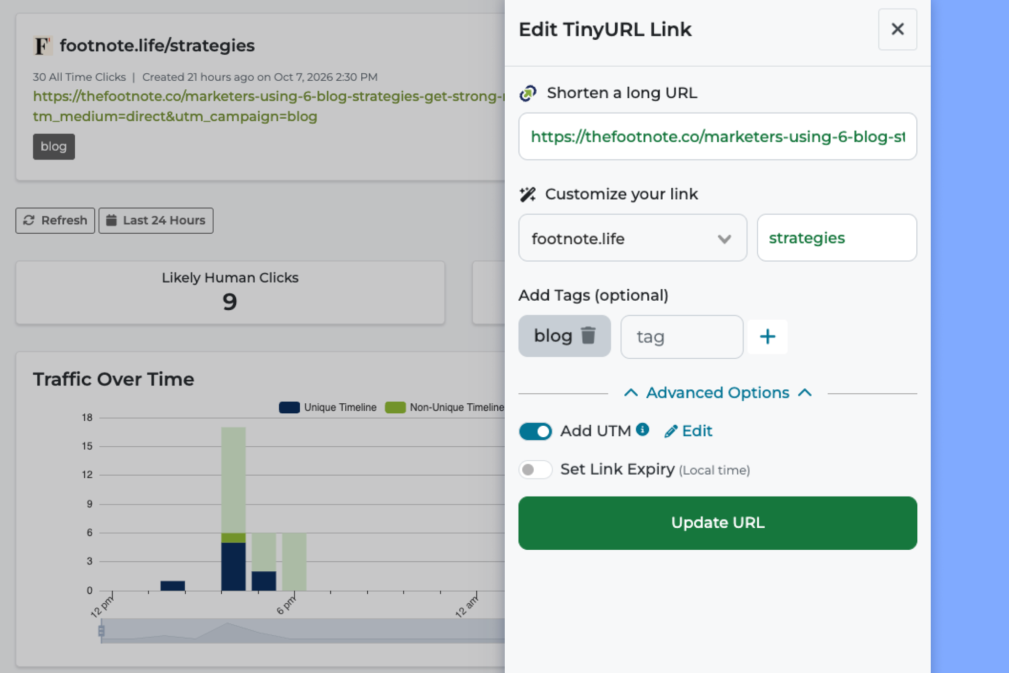 TinyURL's Edit TinyURL Link panel with fields for the long URL, branded domain, alias and tags, plus options to add UTMs and set a link expiry