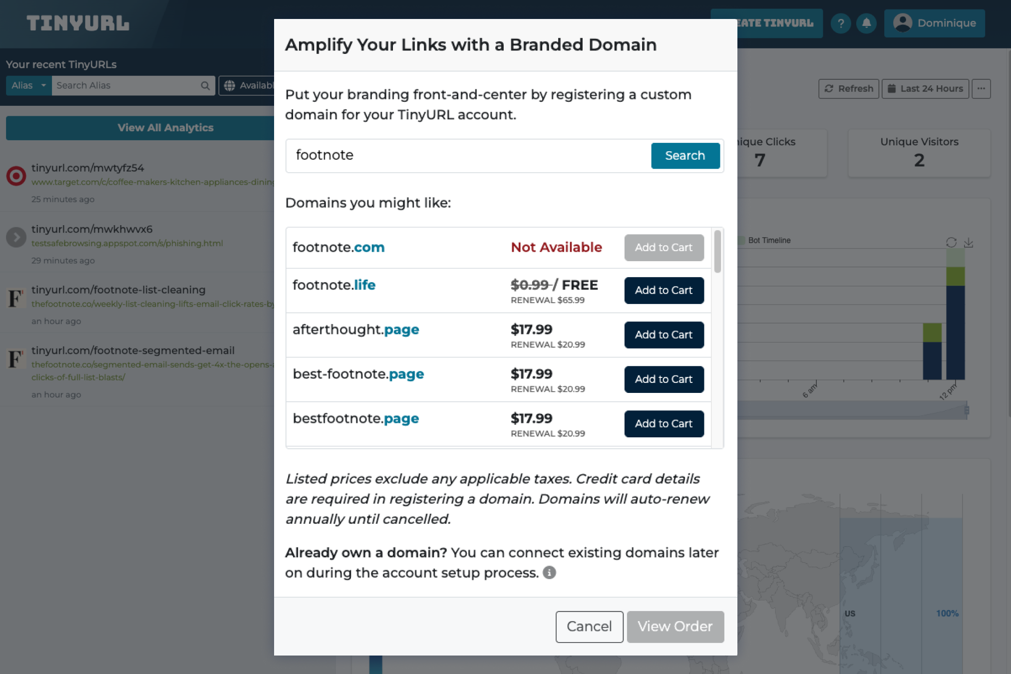 TinyURL's branded domain search showing domains offered at $0.99 or free for the first year, with renewal prices up to $65.99