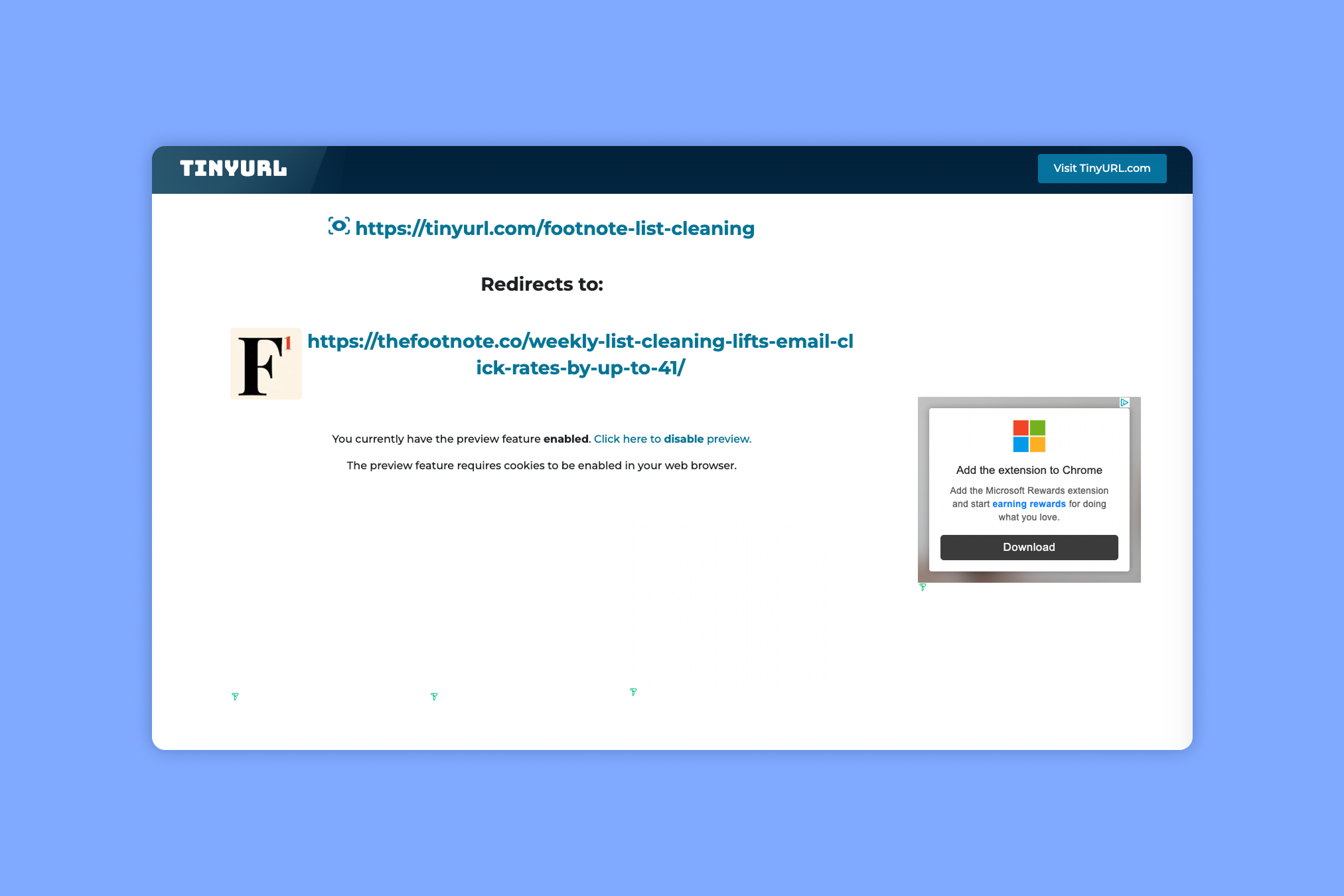TinyURL preview page showing where a short link redirects, with a third-party Microsoft Rewards ad beside it