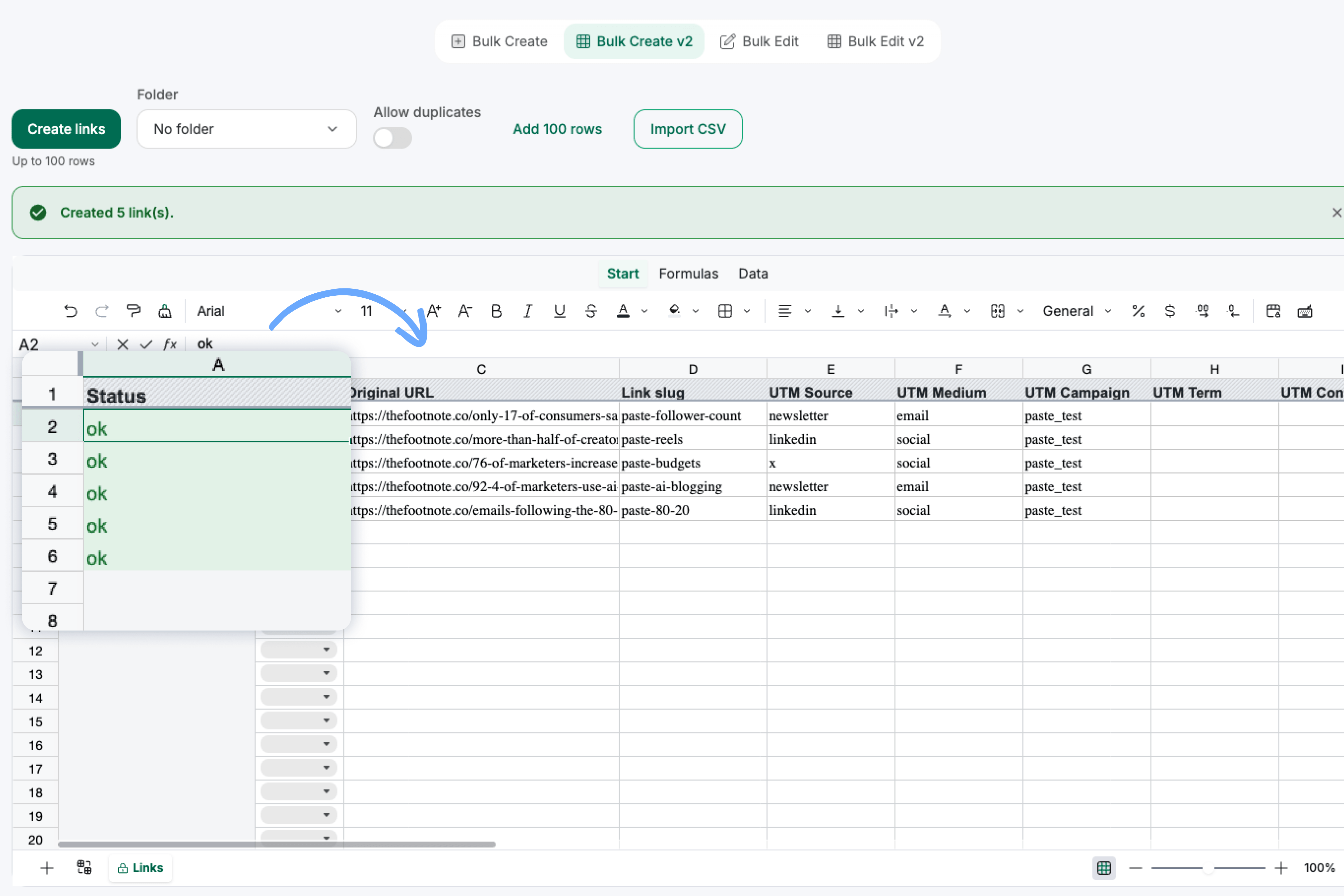 Short.io's Bulk Create spreadsheet with columns for the destination URL, link slug and UTM parameters, and an ok status next to each created row