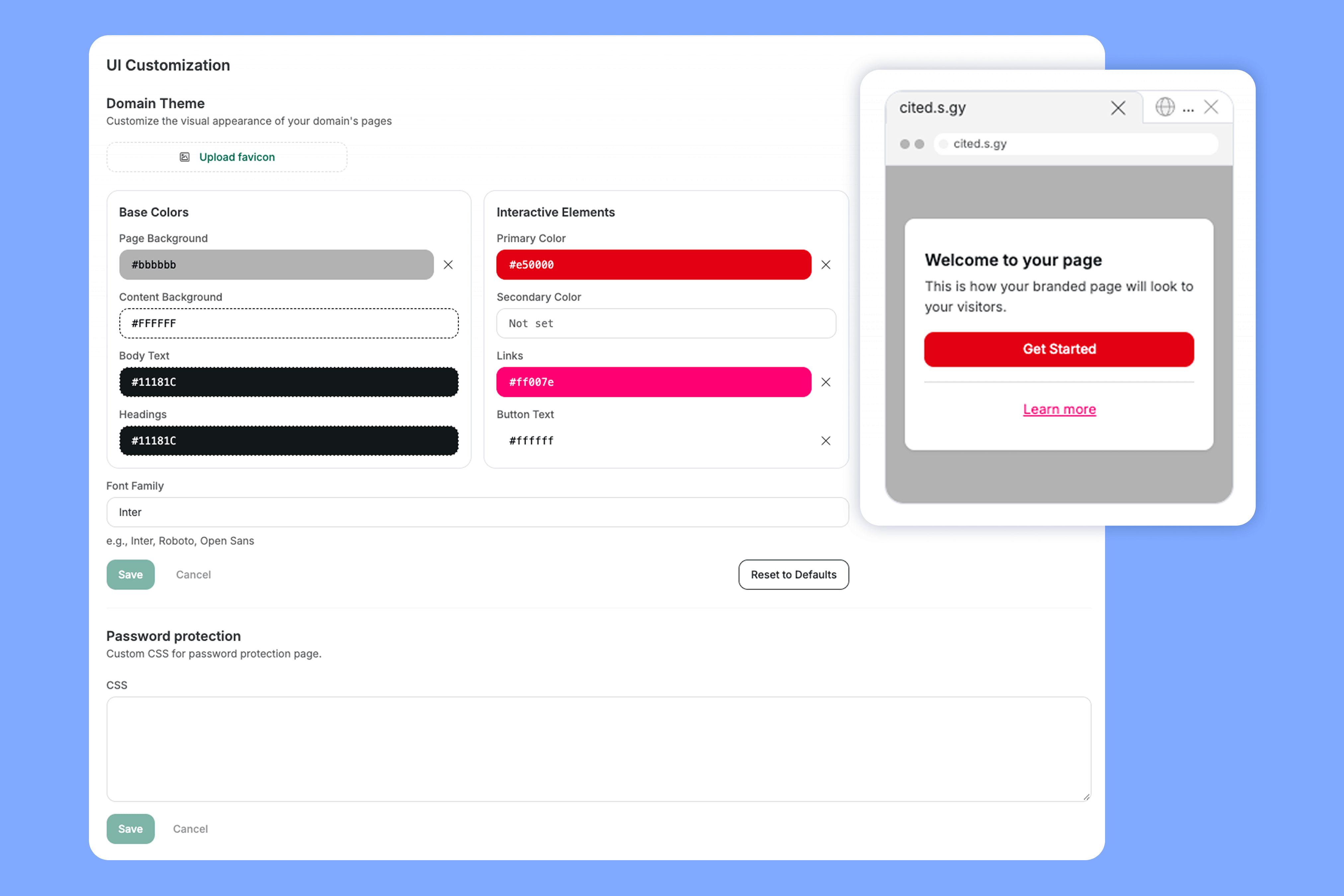 Short.io's Domain Theme settings with color pickers for backgrounds, text, links and buttons, a font field and a preview of the branded page