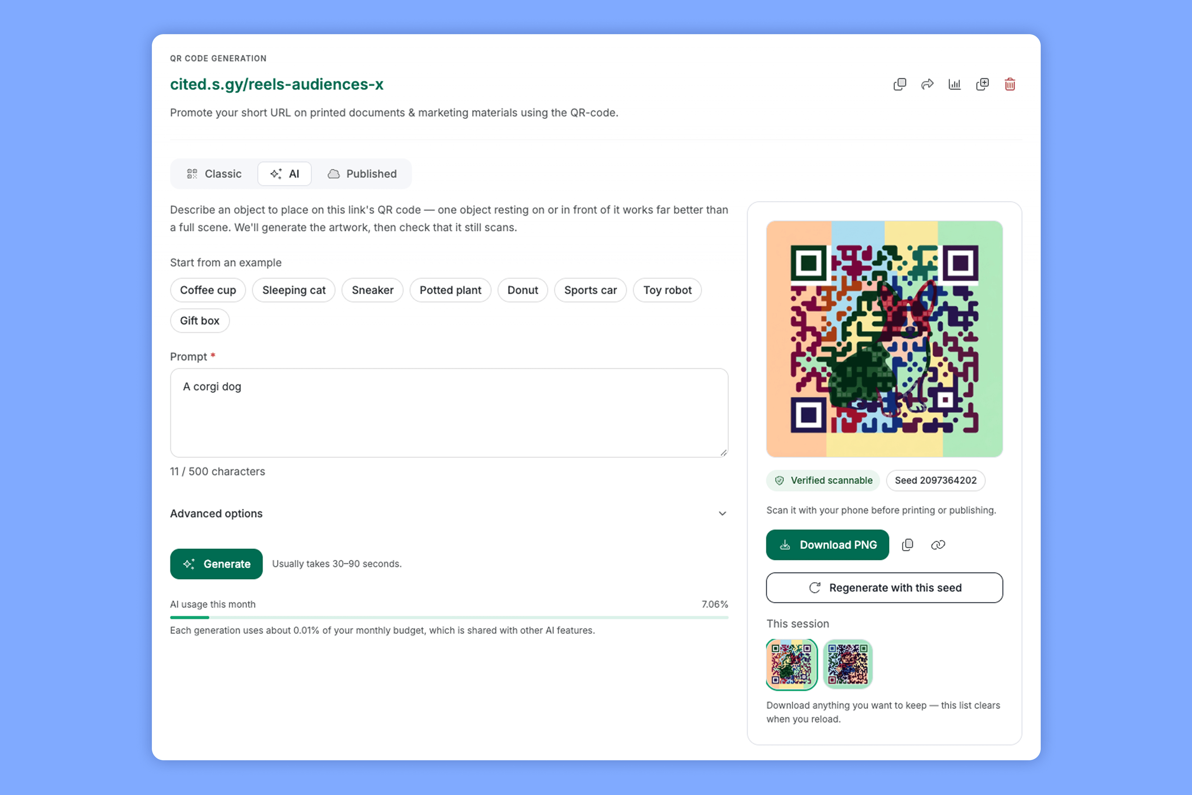 Short.io's AI QR code generator turning the prompt A corgi dog into a colorful QR code marked Verified scannable