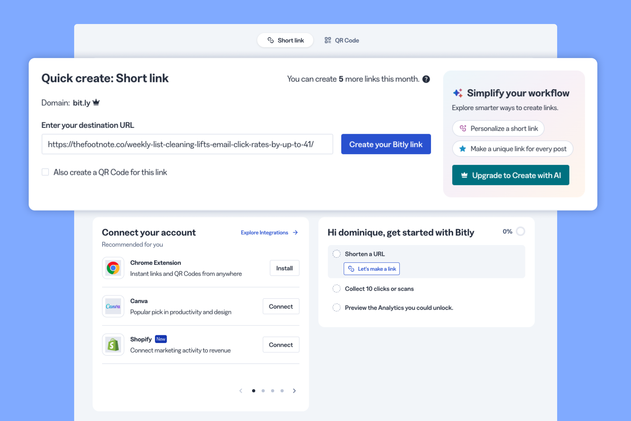 Bitly's Quick create screen for a short link on the bit.ly domain, with integration suggestions for Chrome, Canva, and Shopify