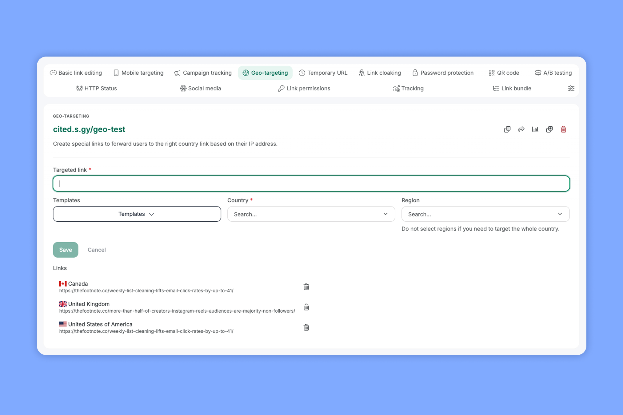 Short.io's geo-targeting settings for a short link, with rules sending visitors from Canada, the United Kingdom and the United States to different pages