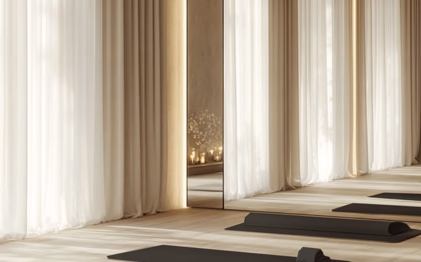 A room with a mirror, yoga mats and candles.
