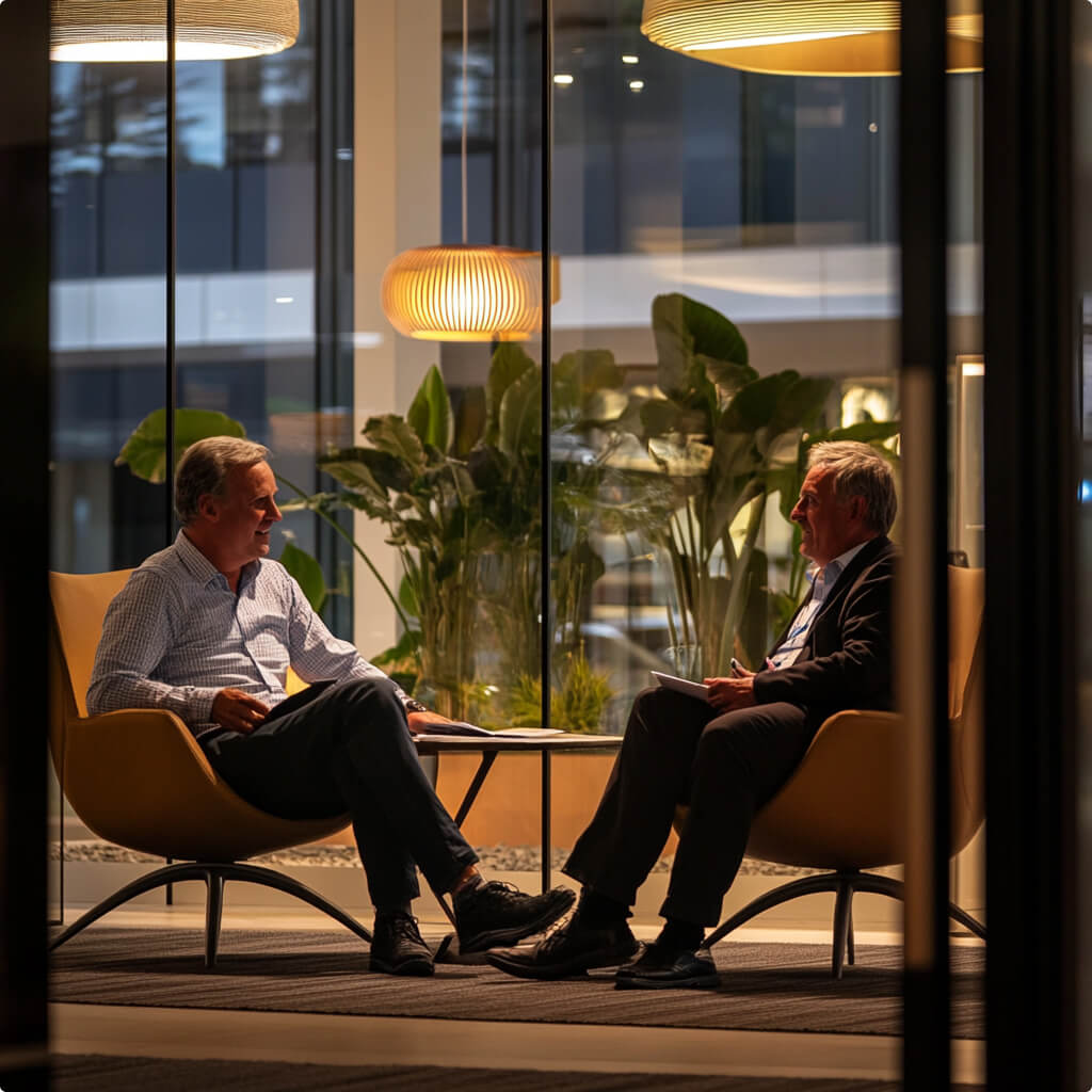 Person talking on a phone in a sky-rise office