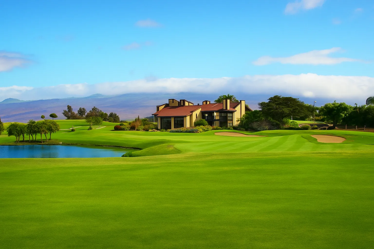 The Waikoloa Village golf course, with a water hazard and homes set against the mountains.