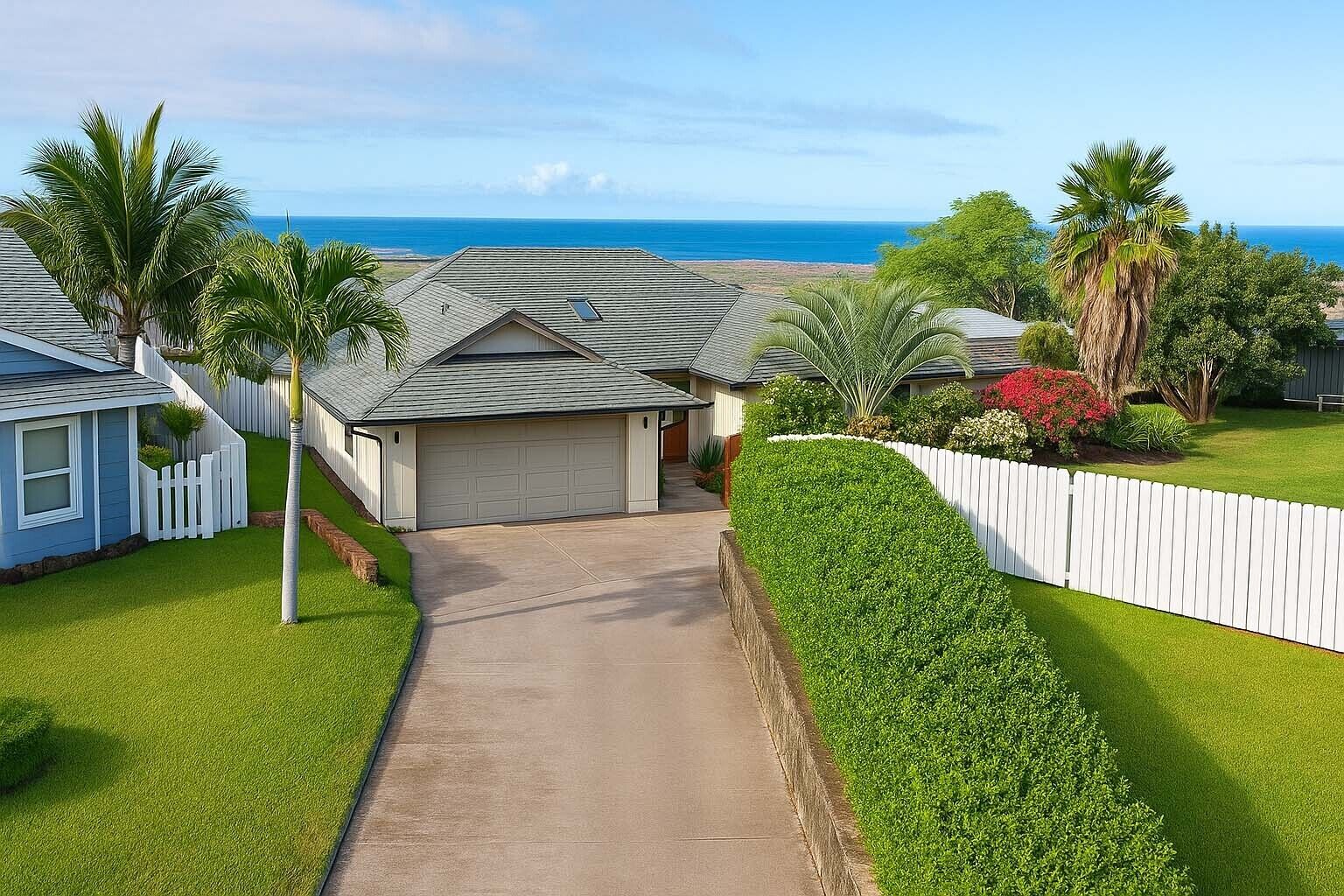 Aerial view of the home with the Pacific Ocean beyond