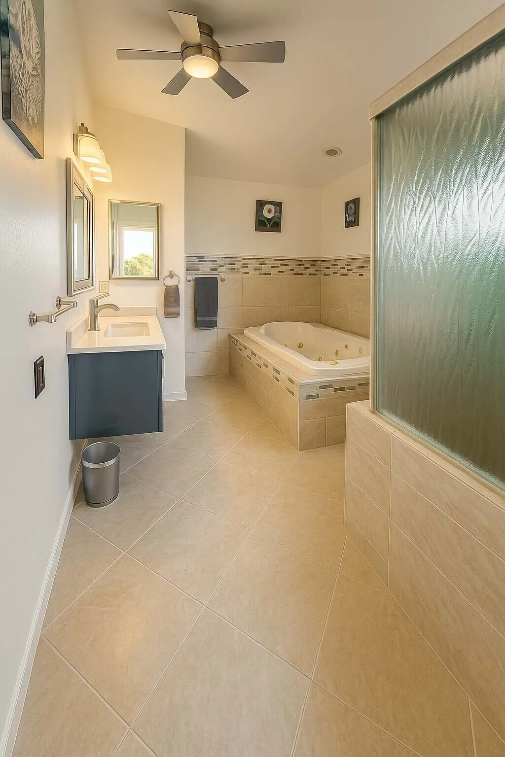Primary bathroom with soaking tub and glass-block shower