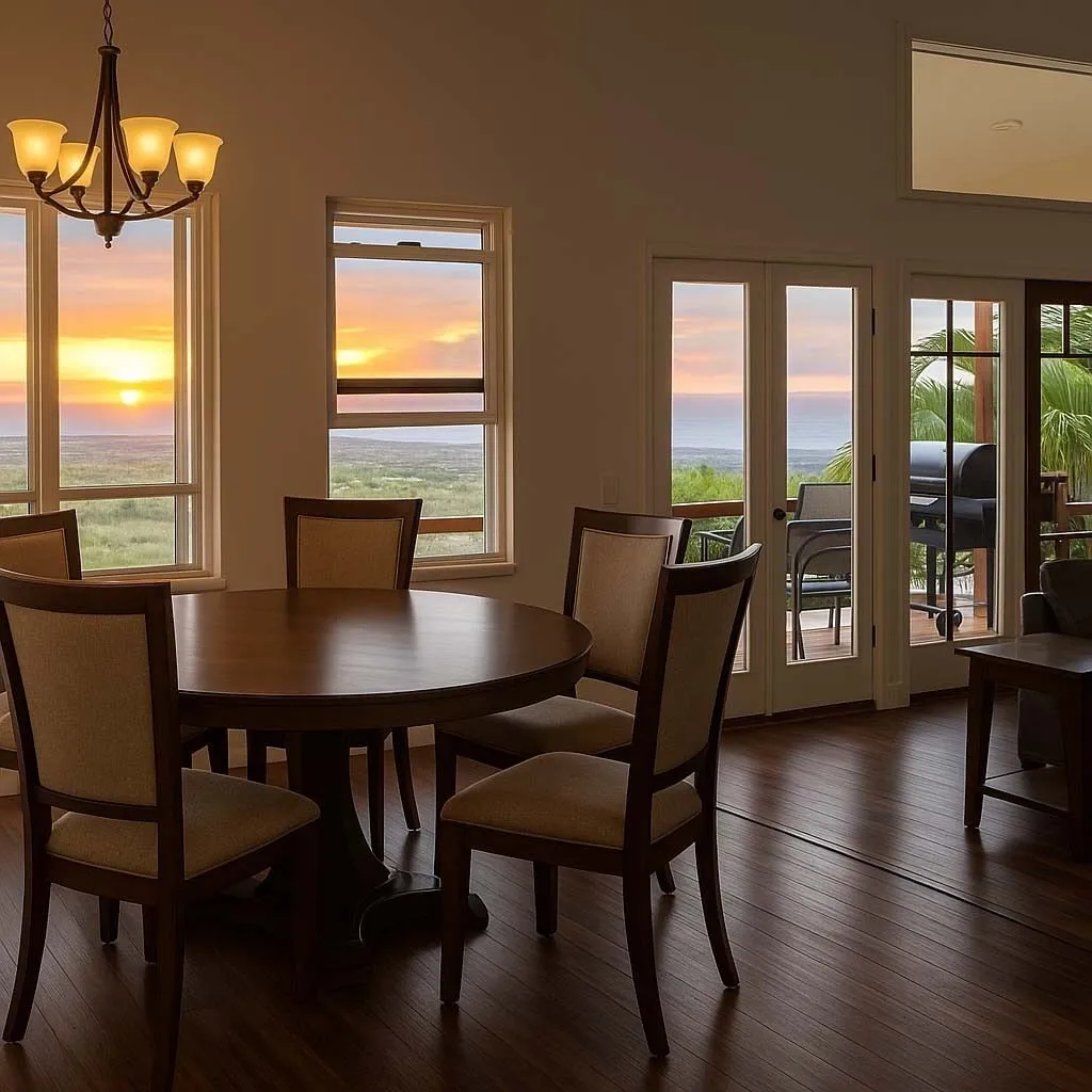 Dining table workspace with ocean sunset views at Hale Akaʻula