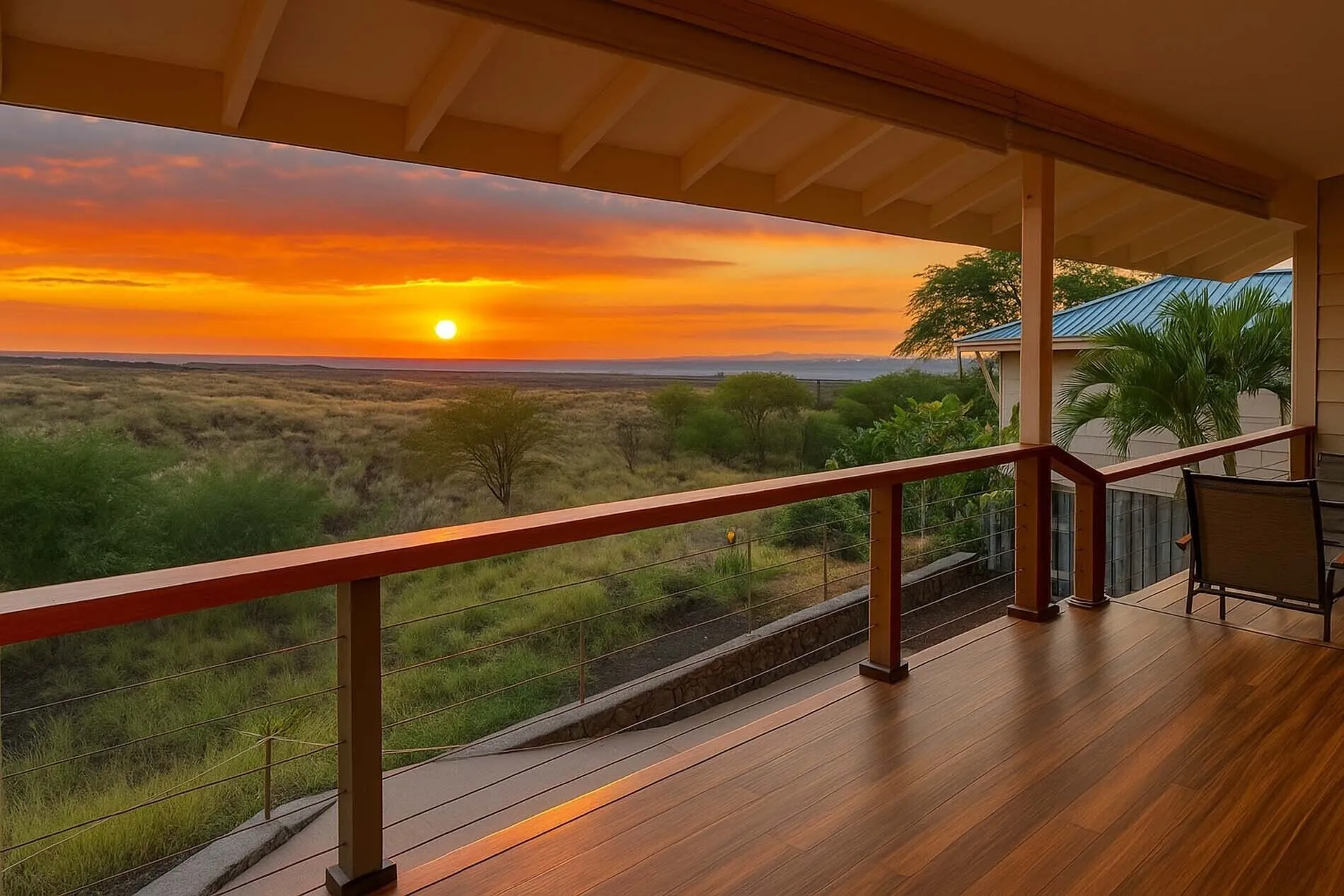 Sunset from the covered lanai at Hale Akaʻula in Waikoloa Village