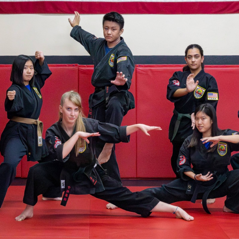 A group of Karate students posing together with their new rank certificates.