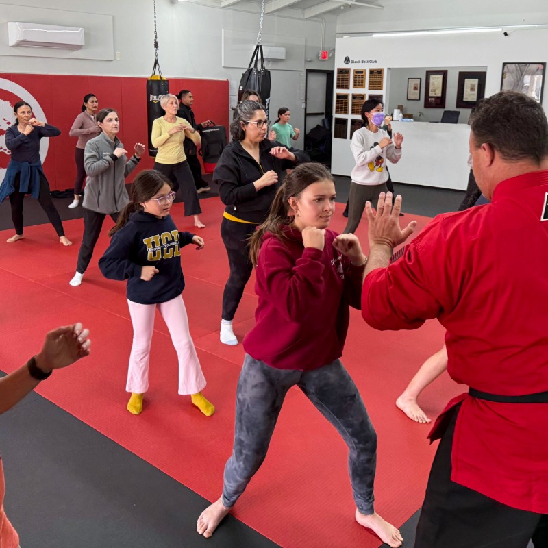 A group of Karate students posing together with their new rank certificates.