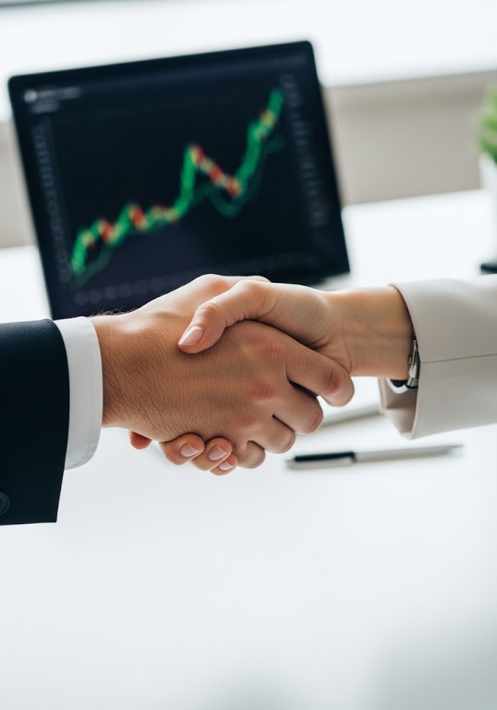 image of handshake over a financial report
