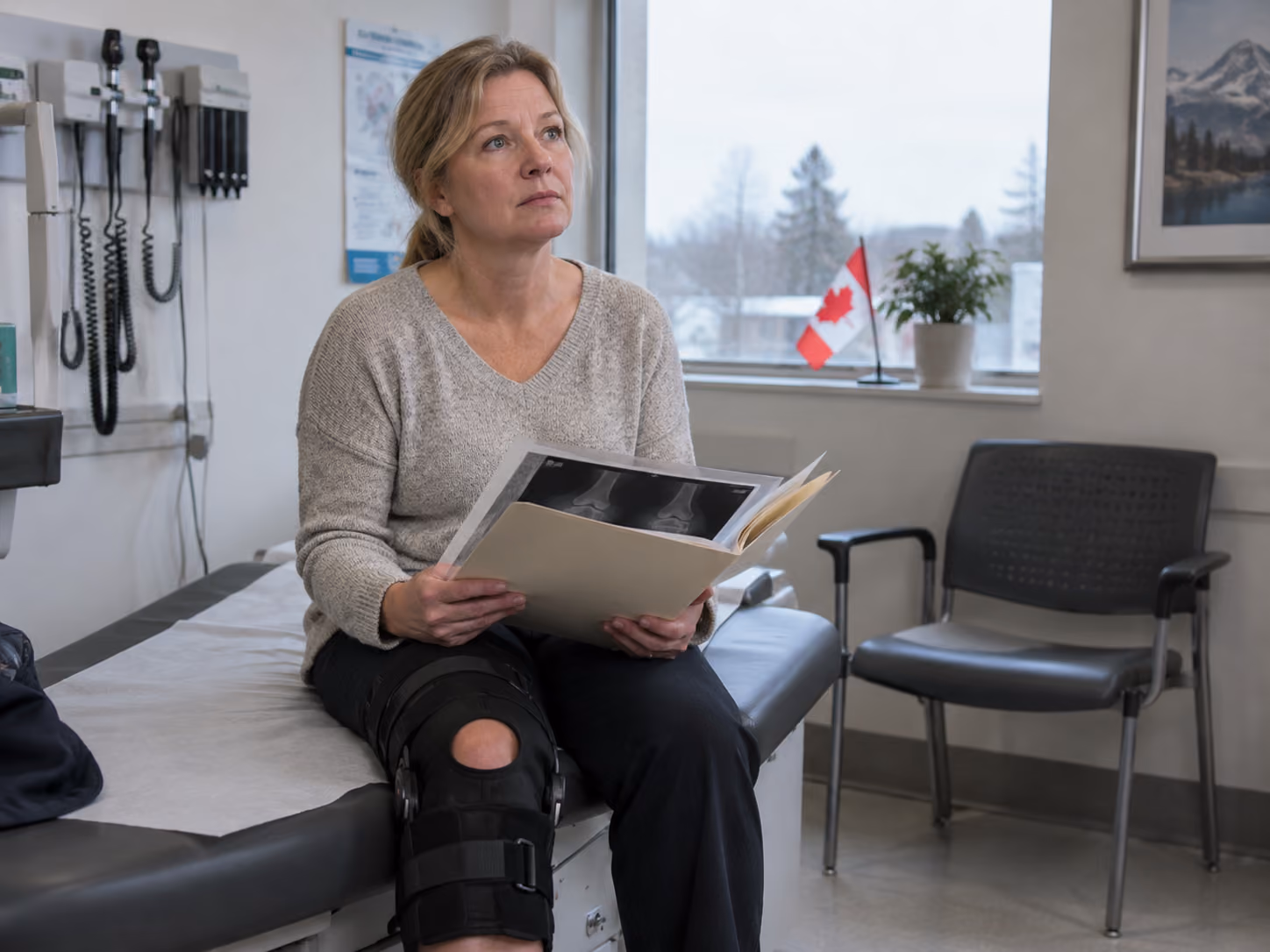 Canadian woman in a hospital room wearing a knee brace, looking thoughtful.