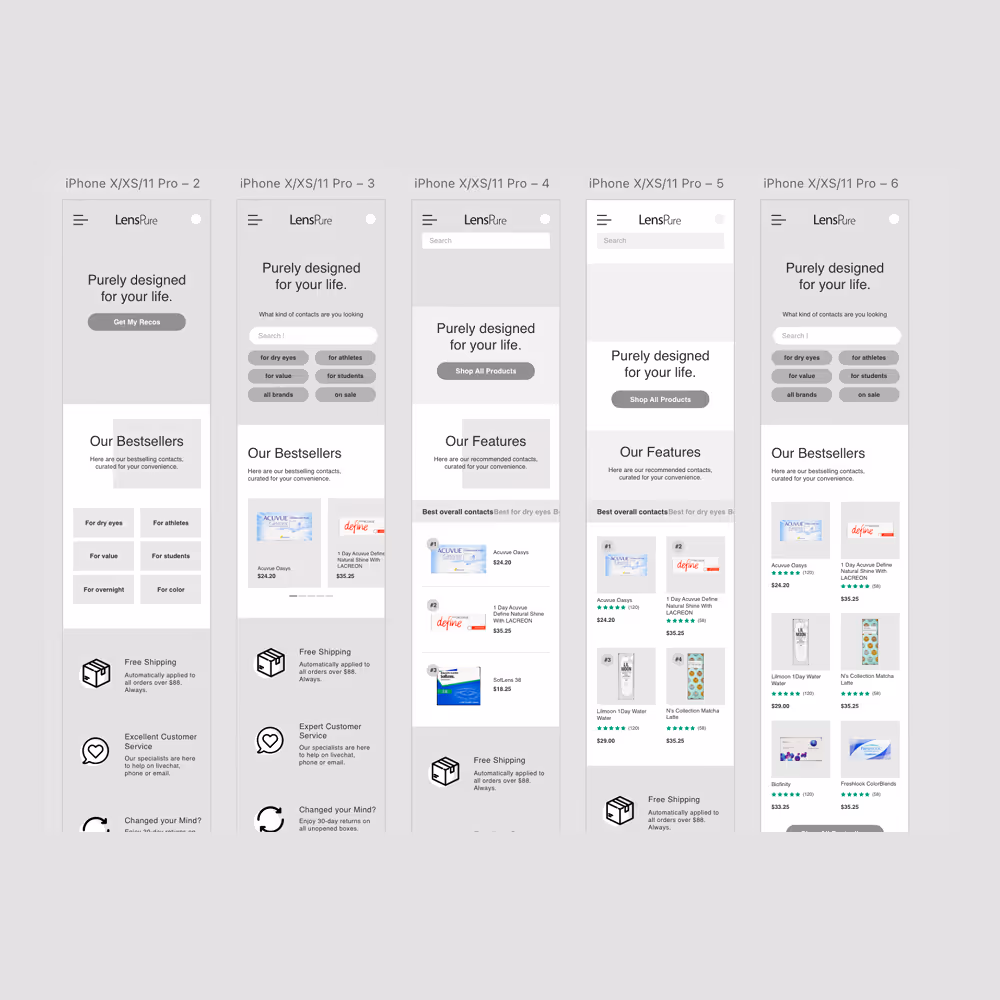 Wireframes of the mobile site of Lenspure
