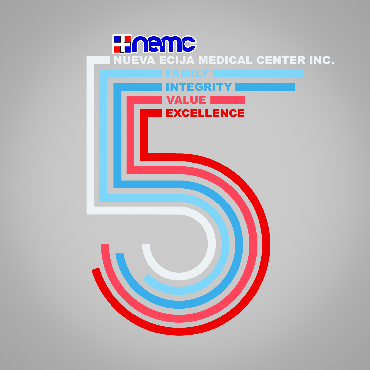 Concise version: "NEMC 5th anniversary logo featuring stylized number 5 with core values: Family, Integrity, Value, Excellence