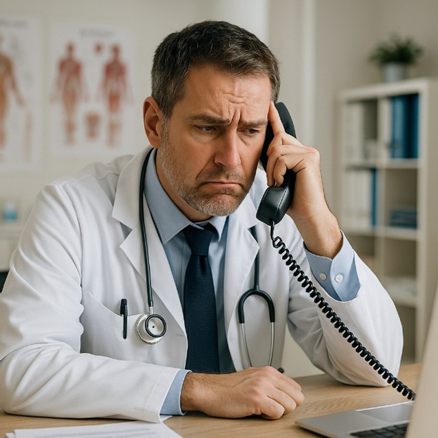 Doctor on phone looking frustrated with support