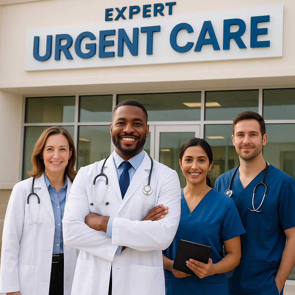 urgent care staff standing in front of an urgent care looking happy and relaxed