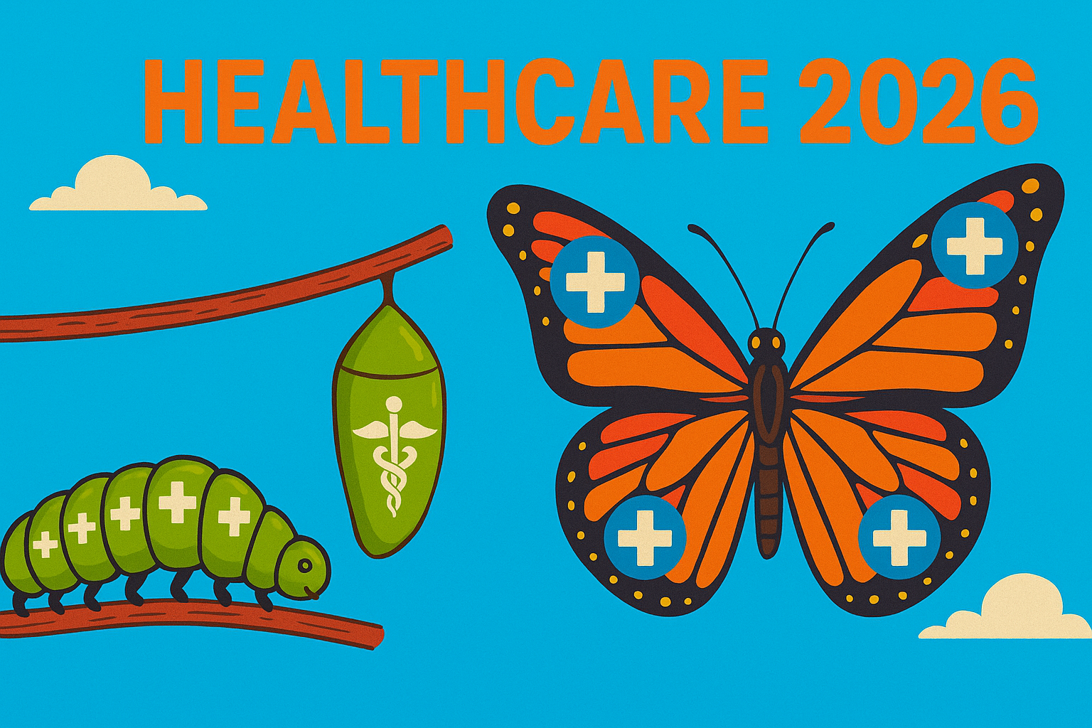 A caterpillar with medical symbols on its body changing into a butterfly with medical symbols on its wings. Text of Healthcare 2026