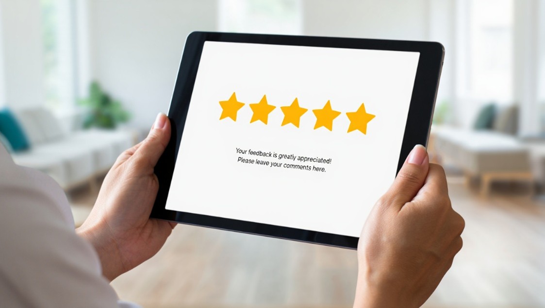 Patient Holding tablet doing a satisfaction survey with 5 stars