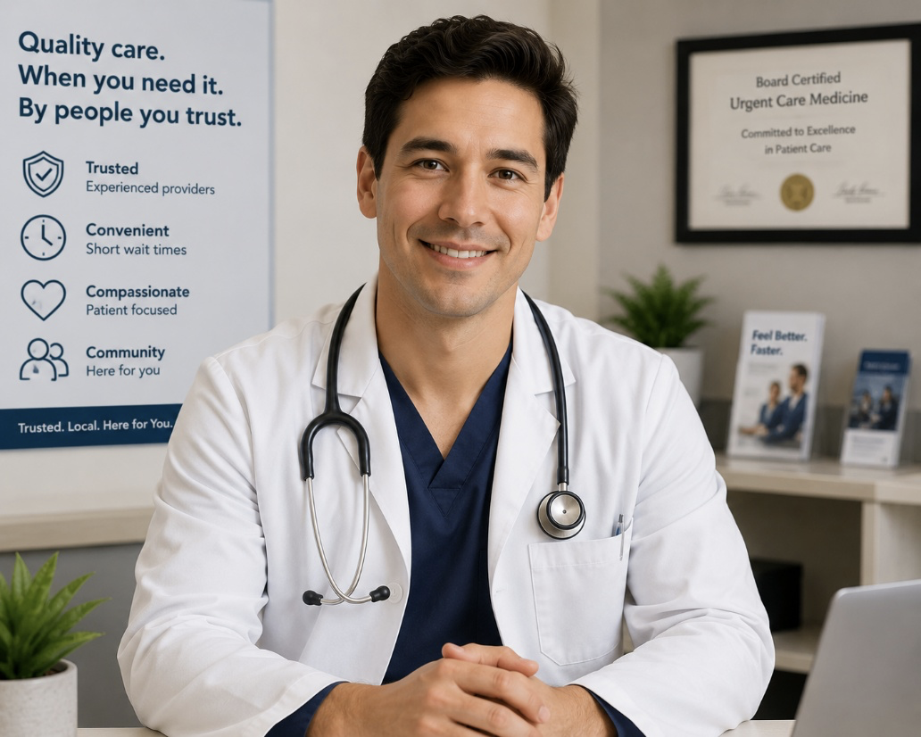 A trusted urgent care provider in a modern clinic setting, highlighting clinical expertise, patient trust, and professional urgent care marketing.