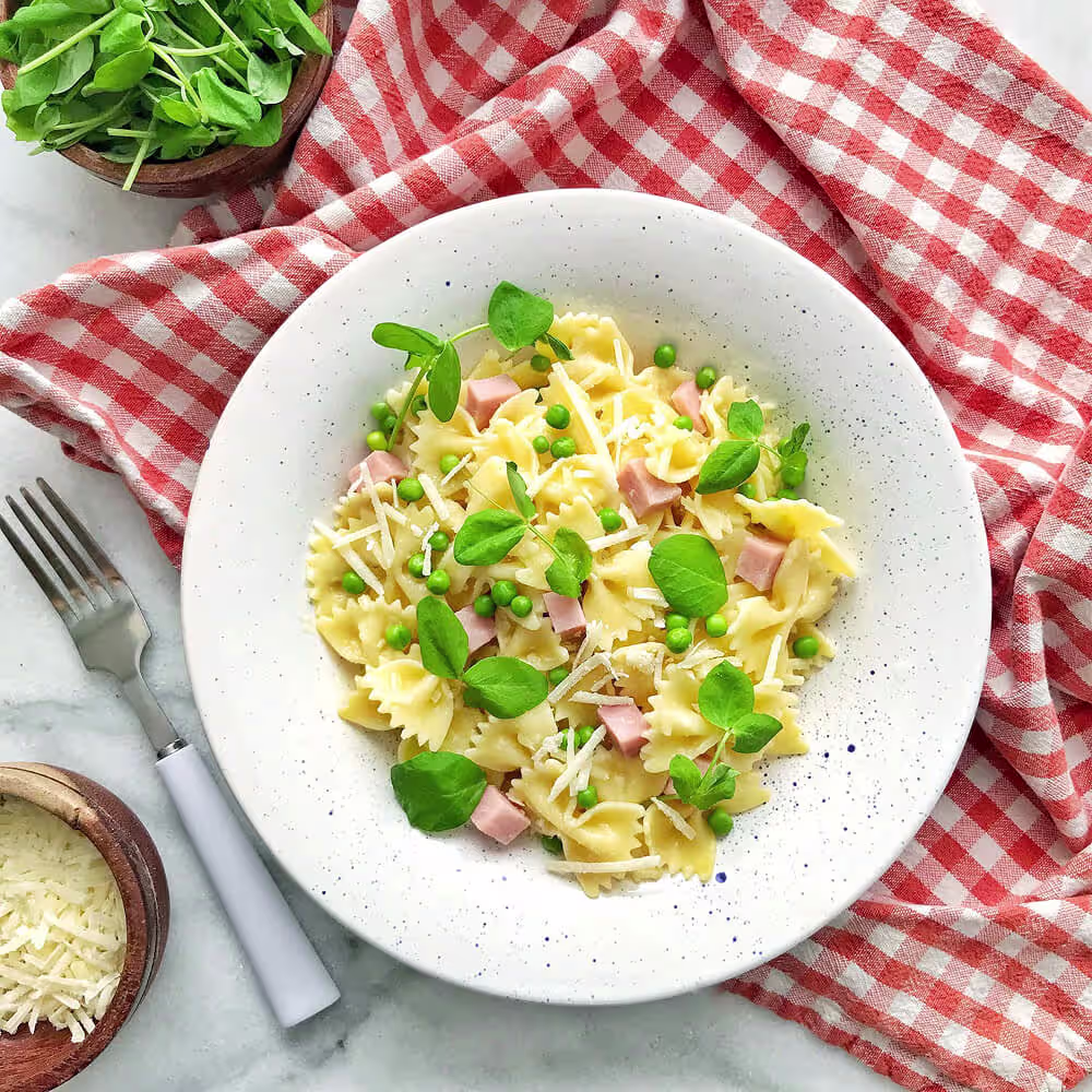 Kid Friendly Parm & Pea Shoot Pasta