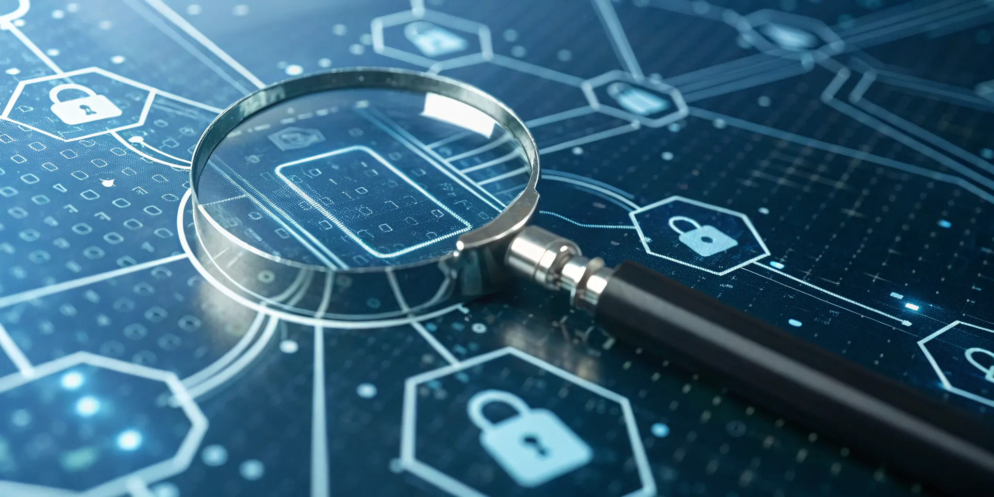 Smart contract audit magnifying glass over binary code and padlocks.