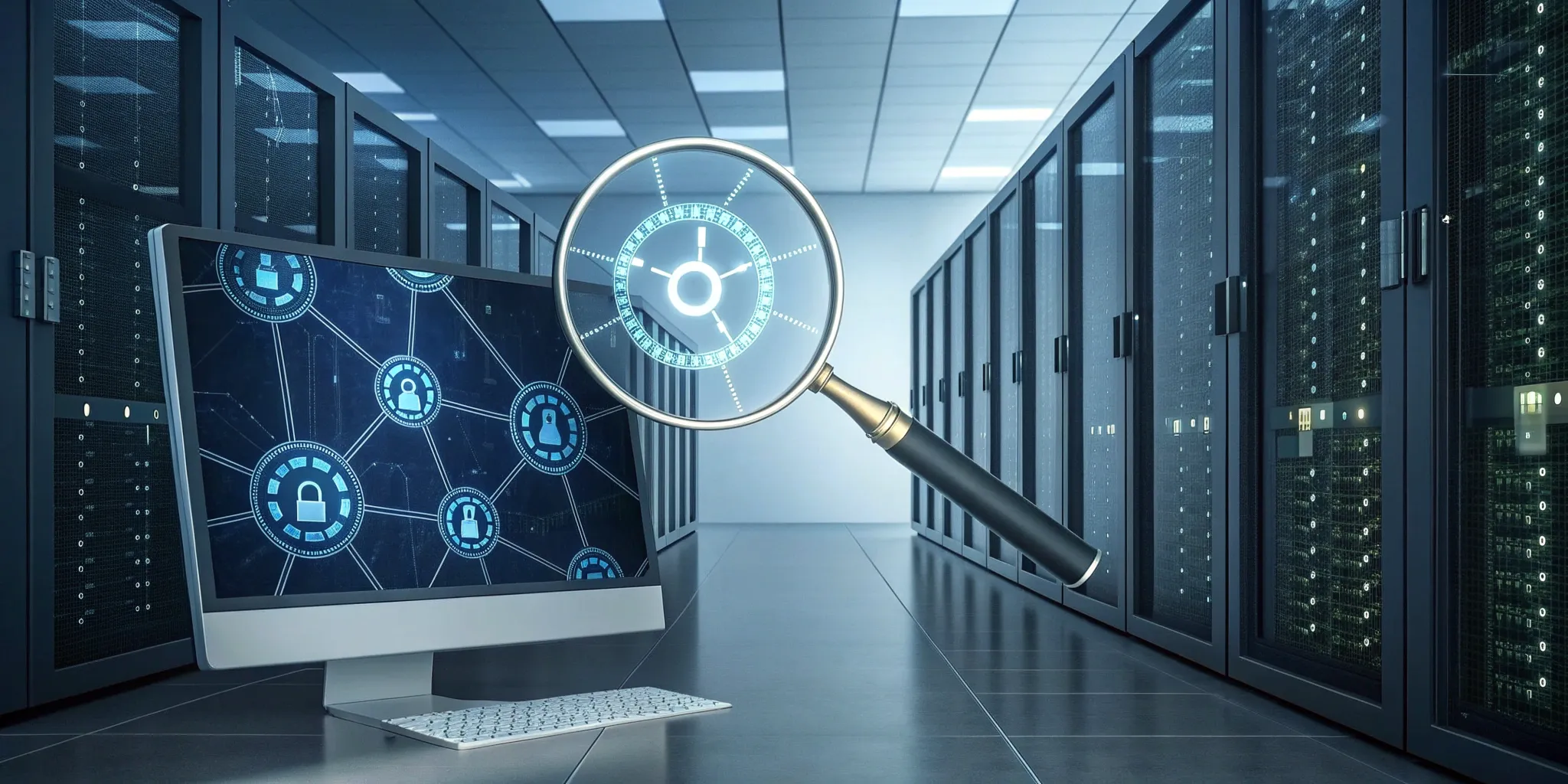 Blockchain security audit with magnifying glass.