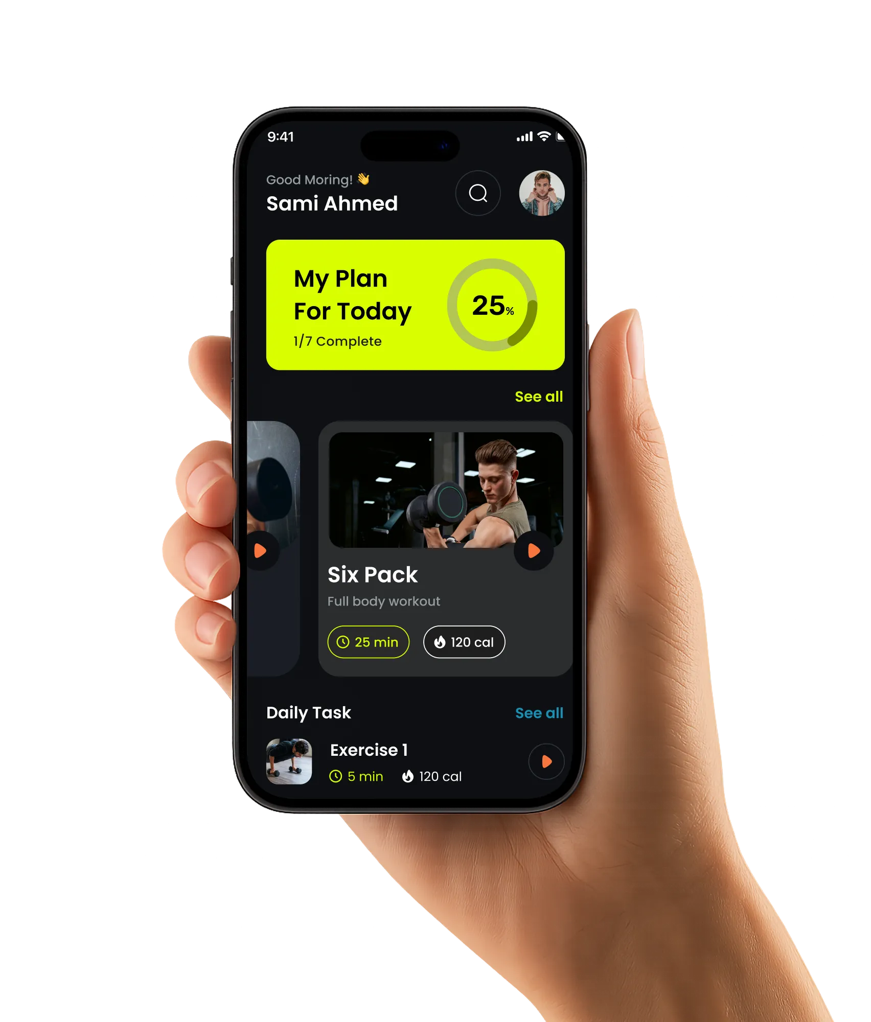 Hand holding smartphone displaying HealthPro fitness app home screen.