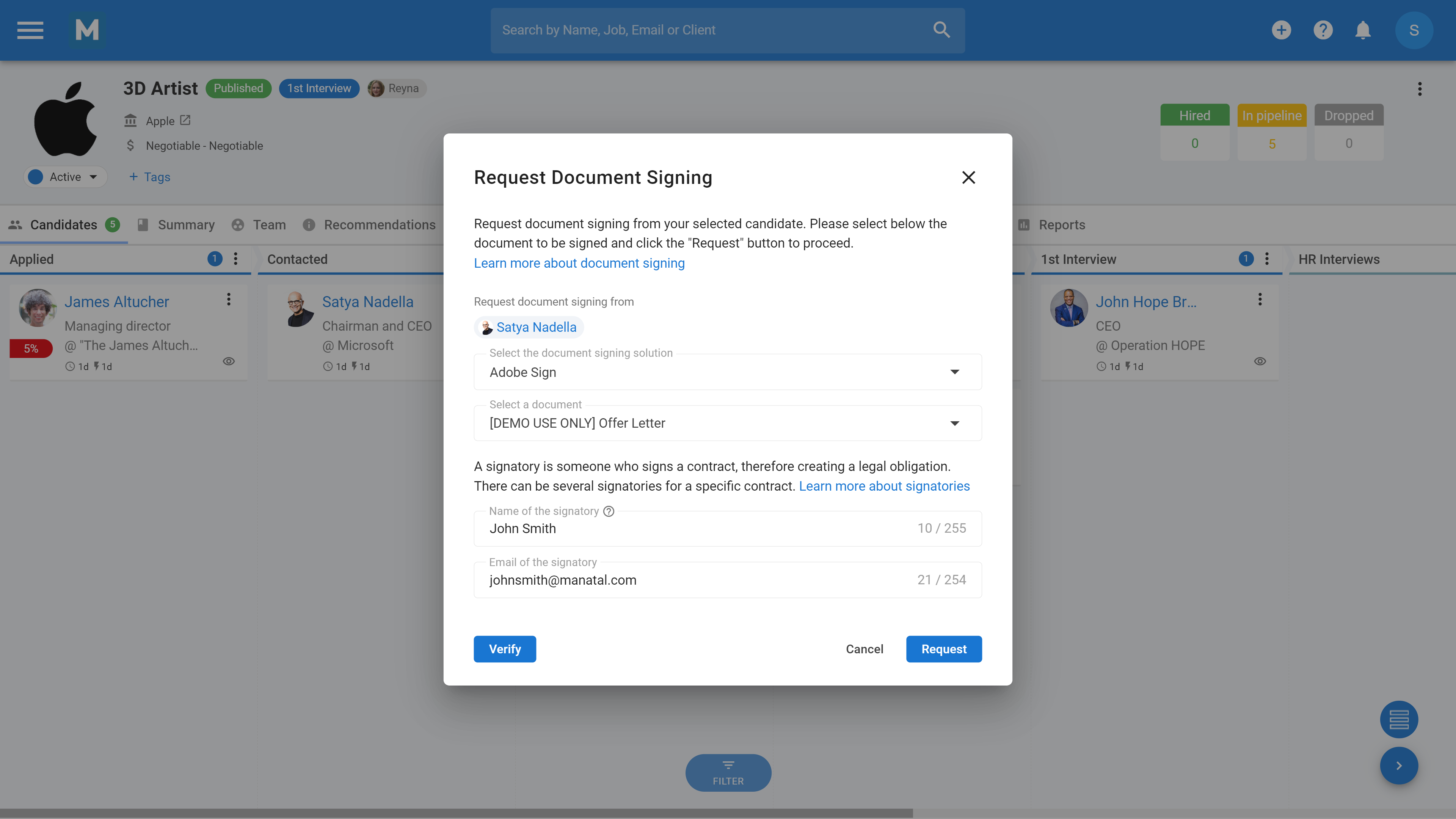 Request document signing from the ATS software