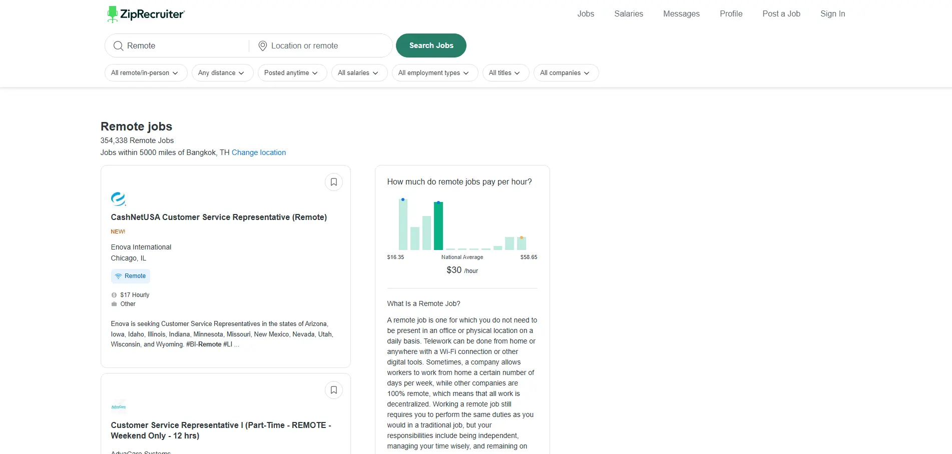 ZipRecruiter job posting site shows job search results from other channels.