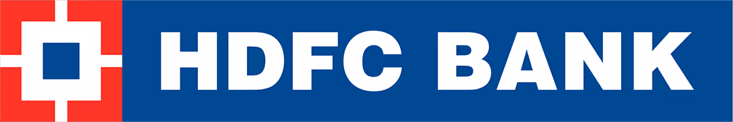 HDFC BANK logo with white text and a red and white geometric symbol on a blue background.