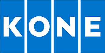 KONE brand logo with white letters on a blue background.