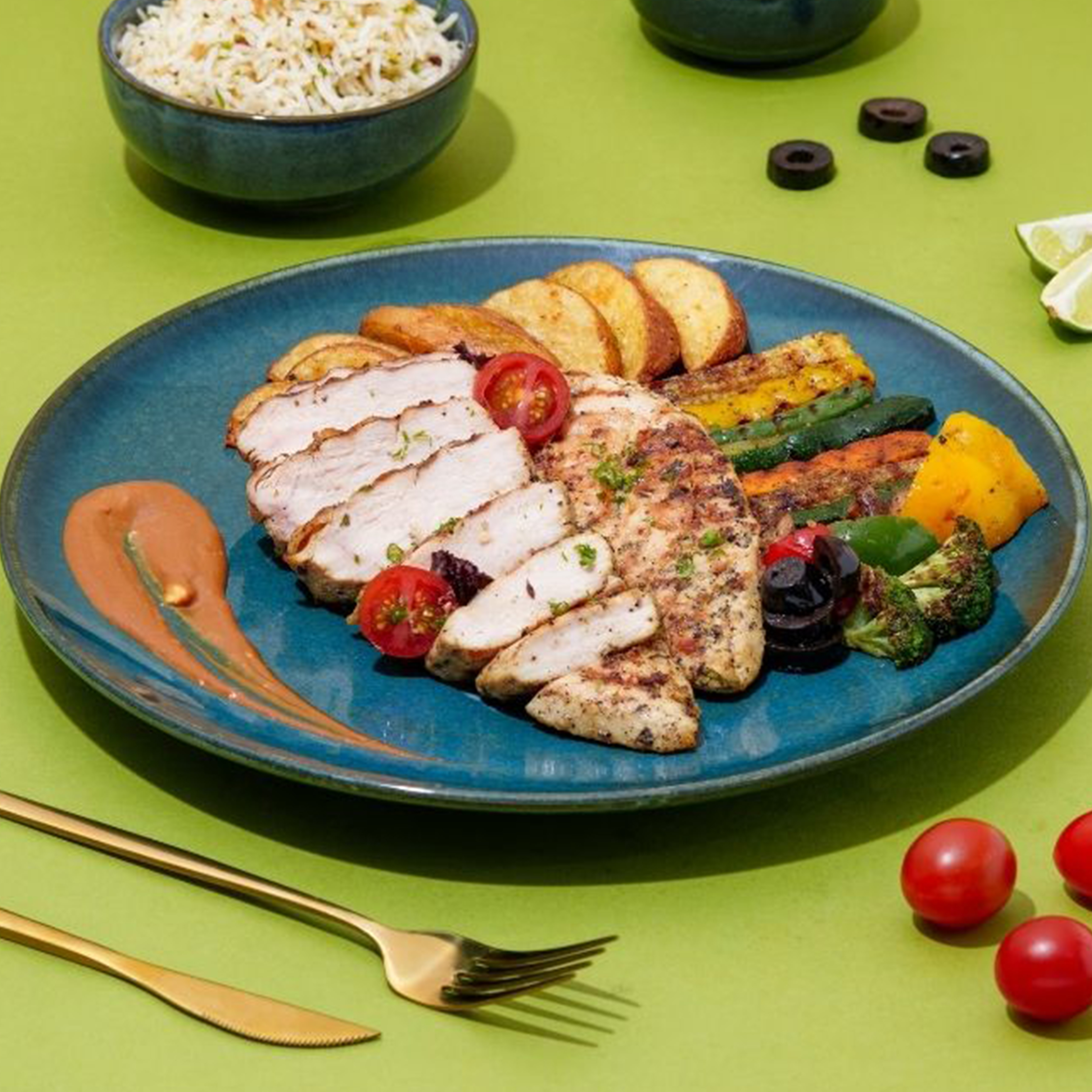 Plate with grilled chicken breast slices, roasted potato wedges, grilled mixed vegetables, cherry tomatoes, black olives, and a smear of sauce, with a bowl of rice in the background.