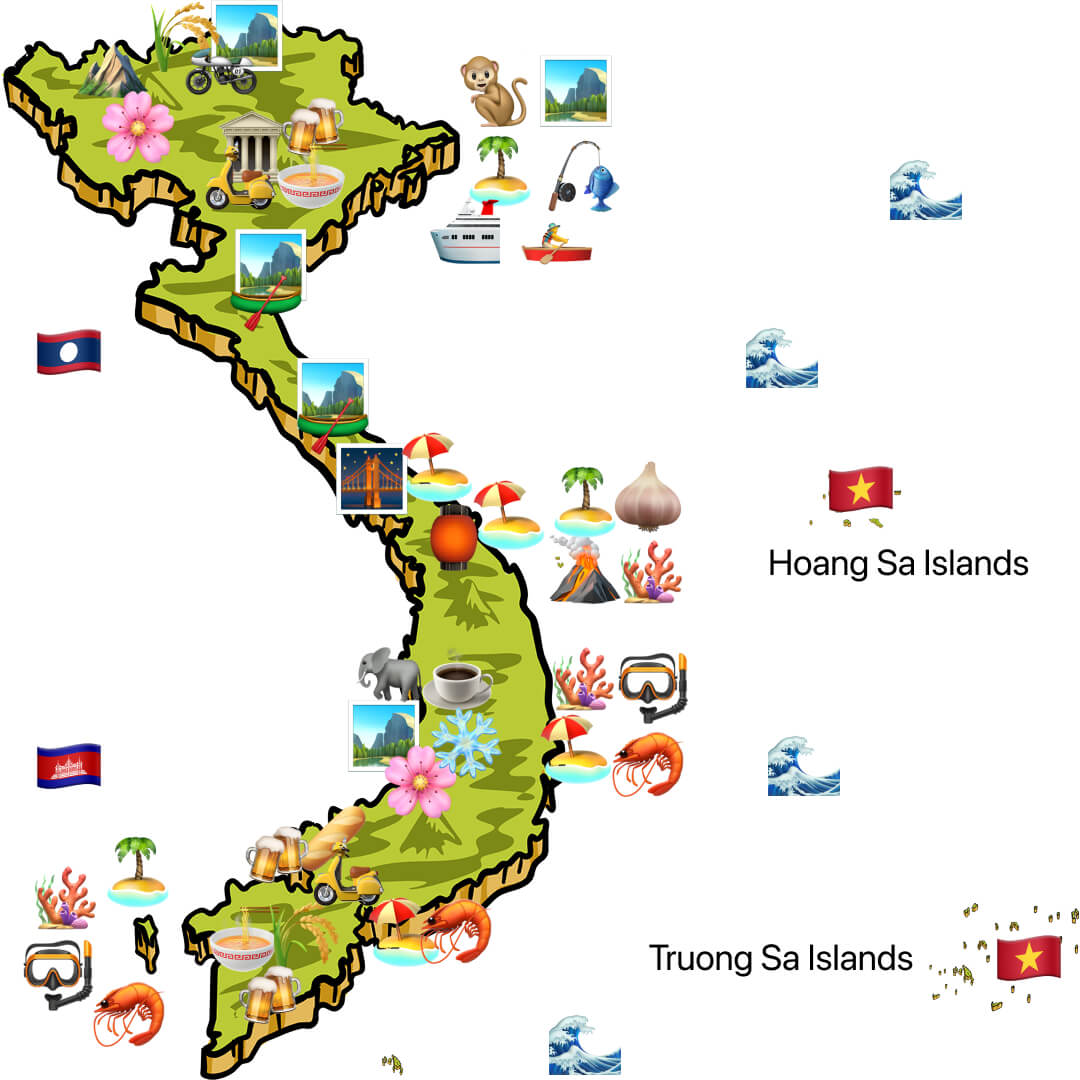Illustrated travel map of Vietnam's top tourist destinations and their key attractions.