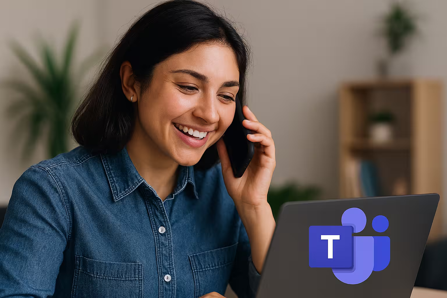 een dame wie met haar mobiele telefoon belt en met de laptop via Teams