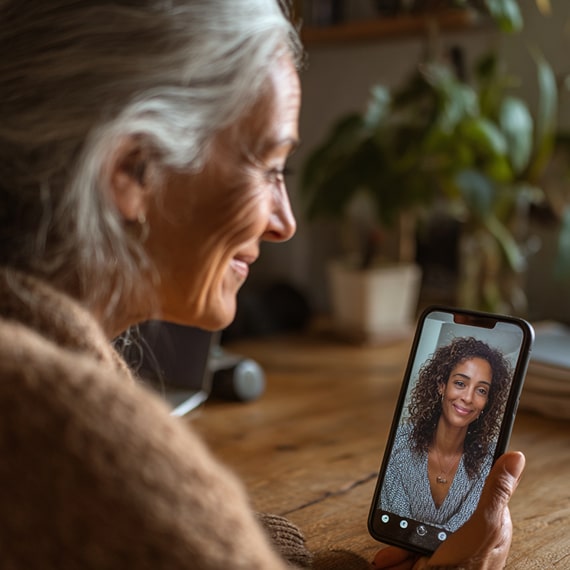 Elderly woman smiling and holding a smartphone showing a video call with a young woman with curly hair.