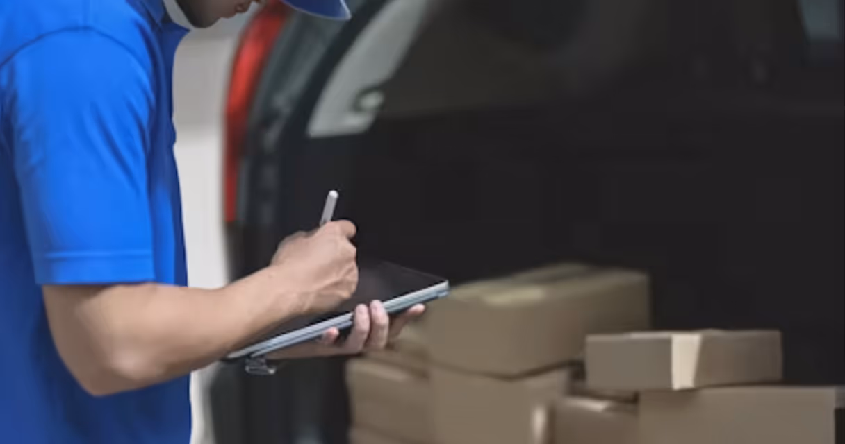 Courier signing documents in front of open trunk