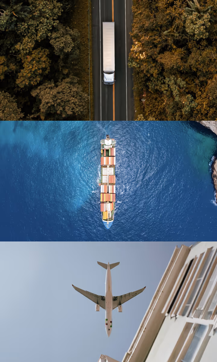 Image of car, boat and plane in collage displayed verticaly, where the vehicles are align to center on X axis.
