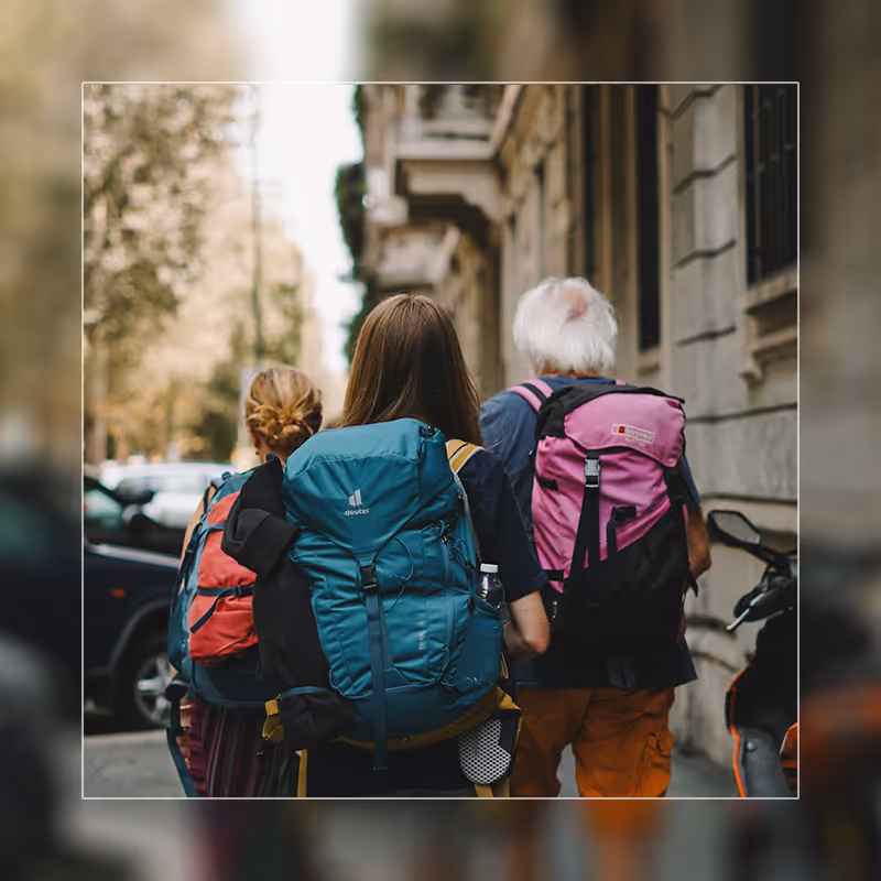 People on vacation exploring city