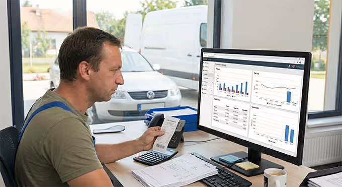 Worker at office tracking costs