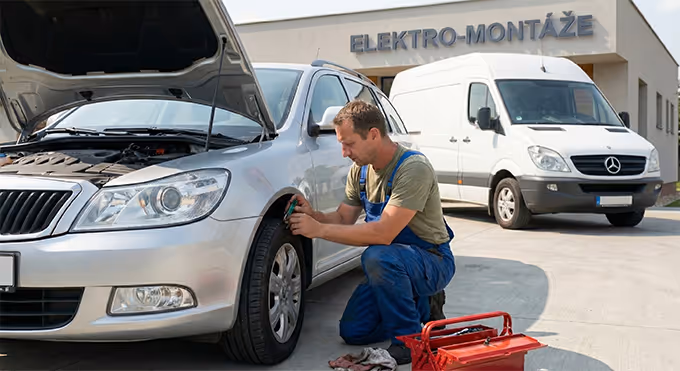 Worker doing maintanance work on vehicle